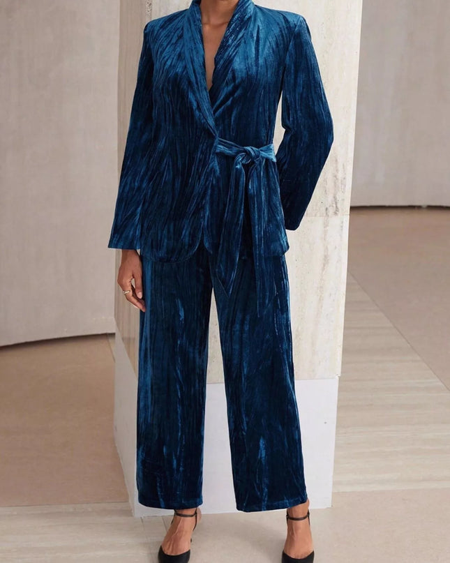 Velvet Tie Waist Blazer and Pants Set