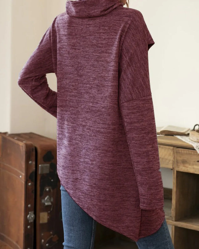 Asymmetrical Hem Cowl Neck Long Sleeve T-Shirt