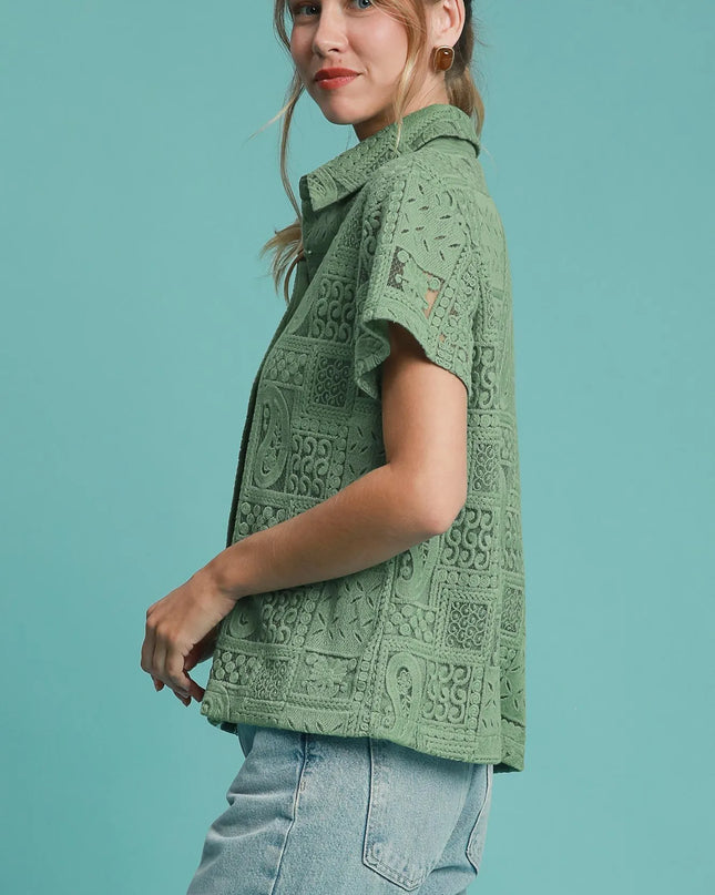 Umgee Patch Lace Short Sleeve Button Down Shirt