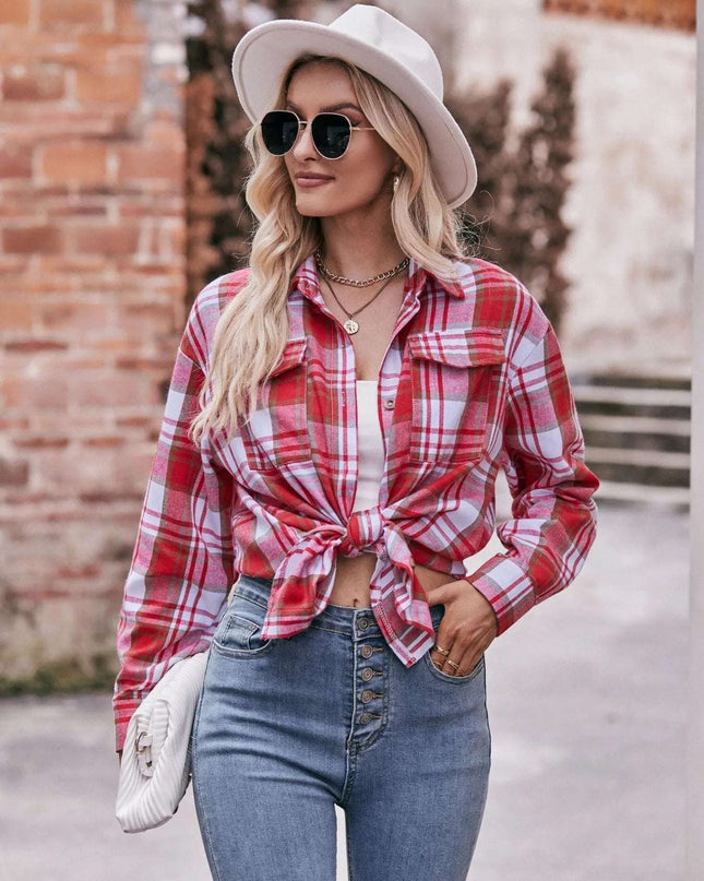 Plaid Button-Down Long Sleeve Shirt Red