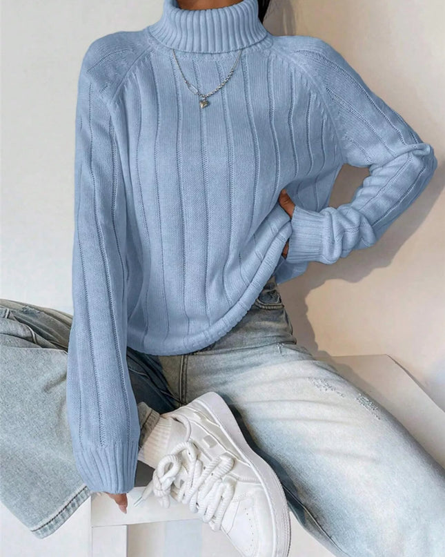Ribbed Turtleneck Long Sleeve Sweater Light Blue