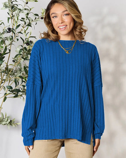 Basic Bae Full Size Ribbed Round Neck Slit Knit Top Blue