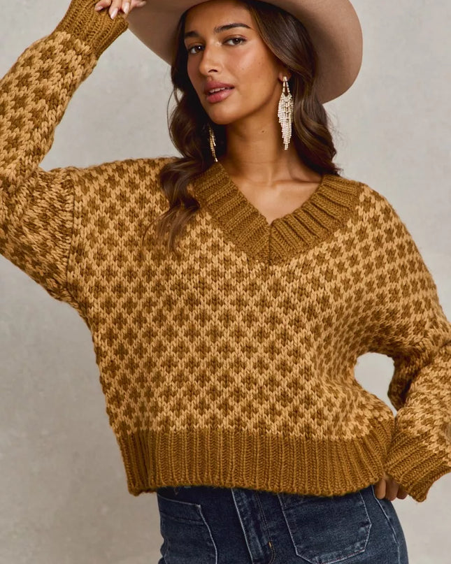 SO ME Color Block Textured Christmas Sweater V Neck Top