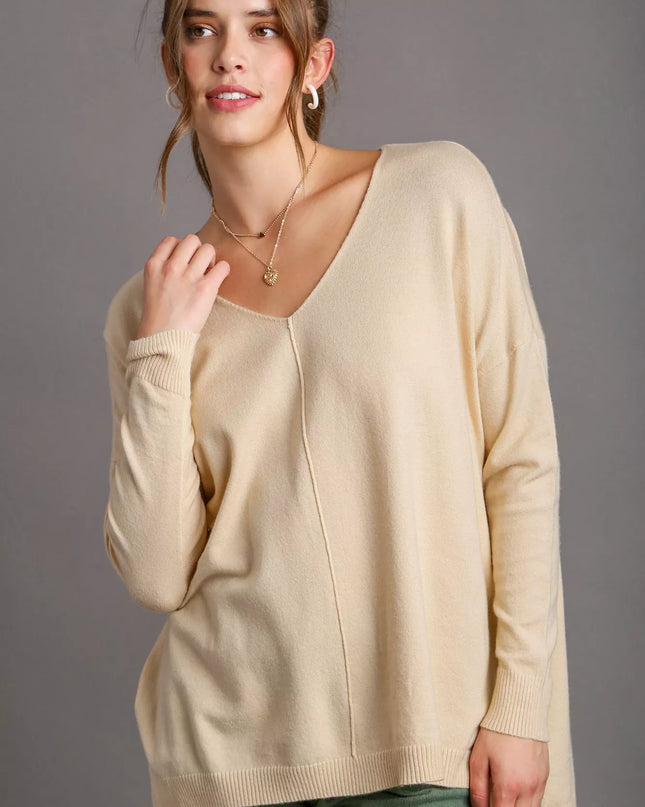 Umgee V-Neck High Low Hem Knit Top with Side Slit Cream