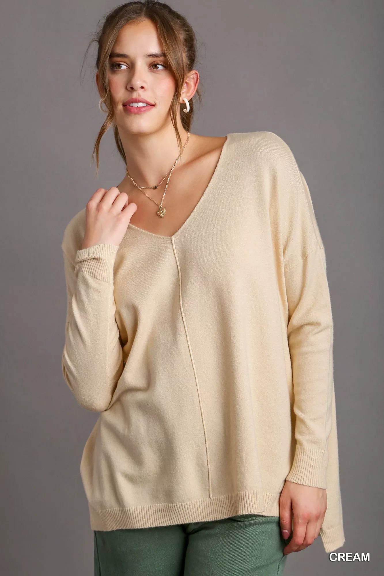 Umgee V-Neck High Low Hem Knit Top with Side Slit Cream