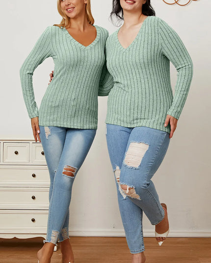 Basic Bae Full Size Ribbed V-Neck Long Sleeve T-Shirt