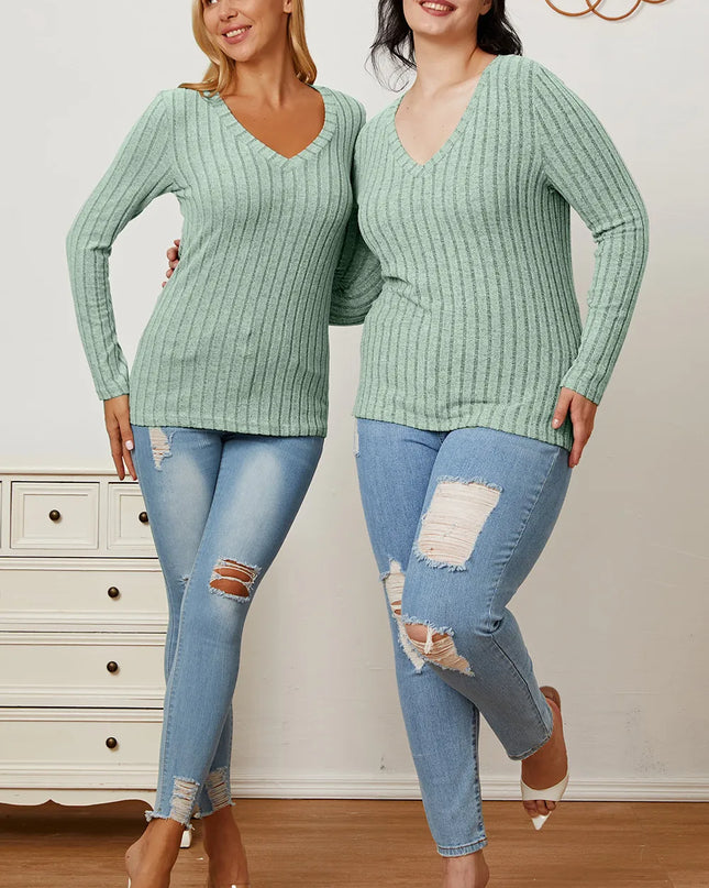 Basic Bae Full Size Ribbed V-Neck Long Sleeve T-Shirt