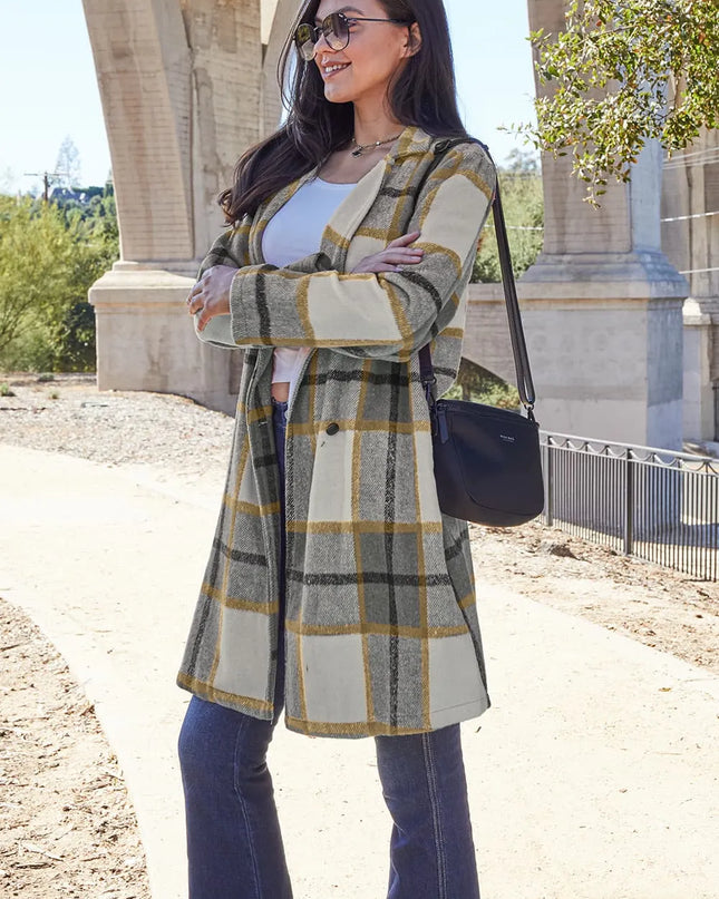 Double Take Full Size Plaid Button Up Lapel Collar Coat