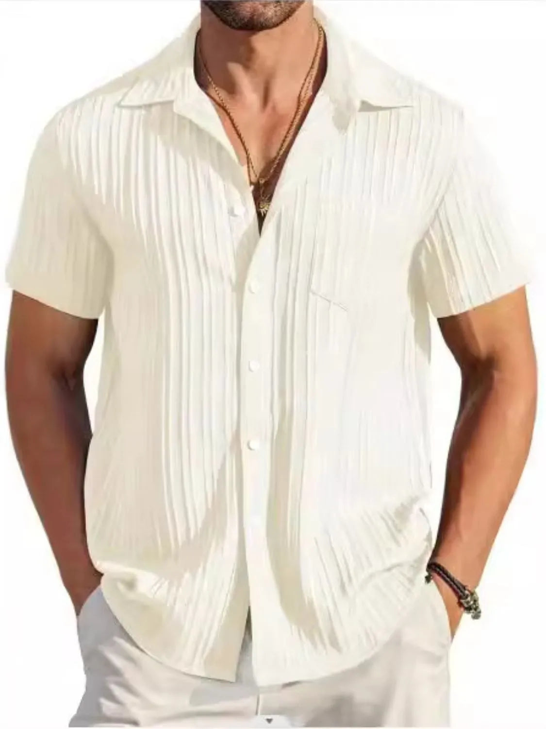 Men's Full Size Button Up Short Sleeve Shirt Plus Size Ivory