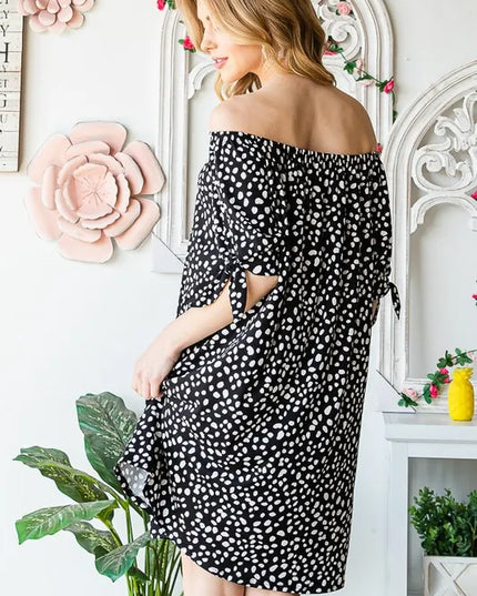 Heimish Full Size Short Sleeve Off Shoulder Animal Mini Dress Plus Size