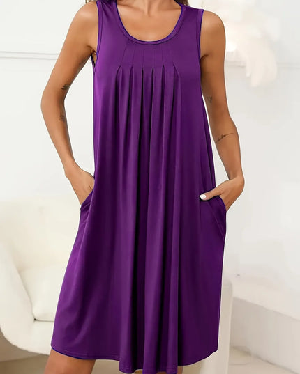 Flowy Pleated Tank Dress with Pockets Purple