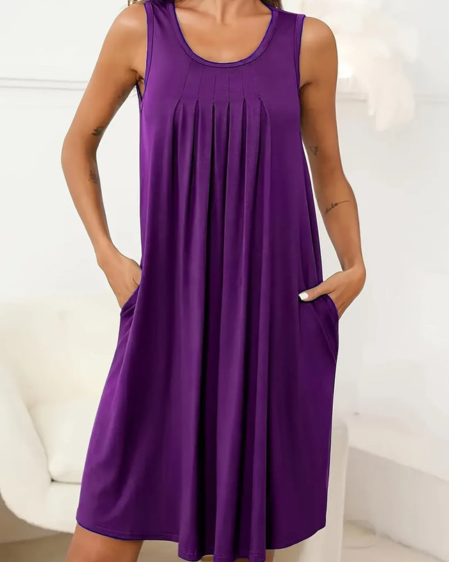 Flowy Pleated Tank Dress with Pockets Purple