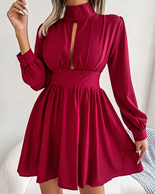 Cutout Turtleneck A-Line Mini Dress Red
