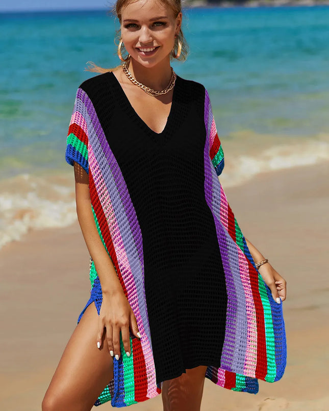 Angel Wings Openwork Striped Slit Knit Cover Up