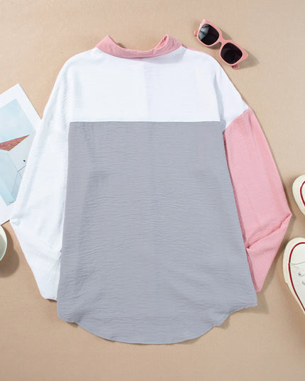 Color Block Oversized Button-Up Shirt with Chest Pocket 