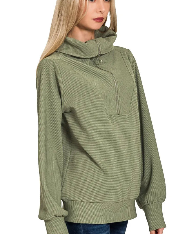 Zenana Ribbed High Neck Half Zip Pullover & Pants Set