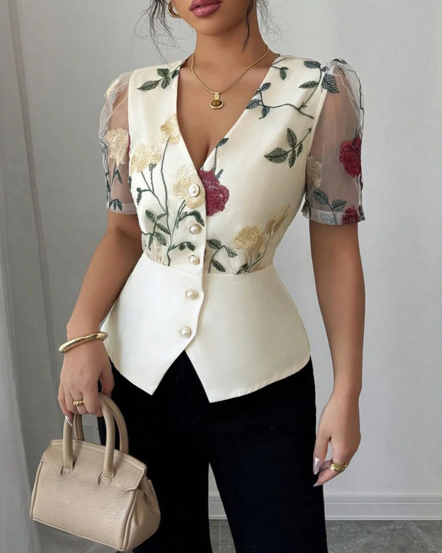 Floral Print V-Neck Button-Up Shirt Ivory