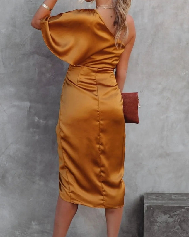 One-Shoulder Satin Wrap Dress with Side Slit
