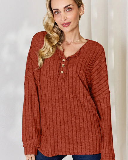 Basic Bae Full Size Ribbed Half Button Long Sleeve T-Shirt Rust