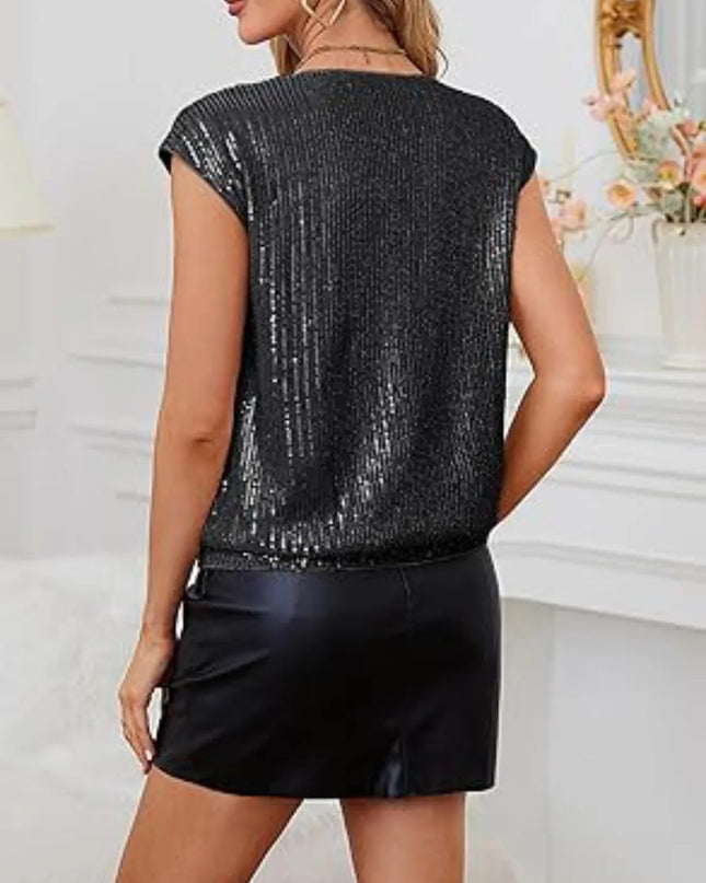 V-Neck Sequin Cap Sleeve Top