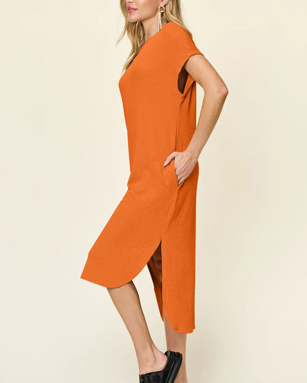 Double Take Full Size Round Neck Short Sleeve Slit Dress