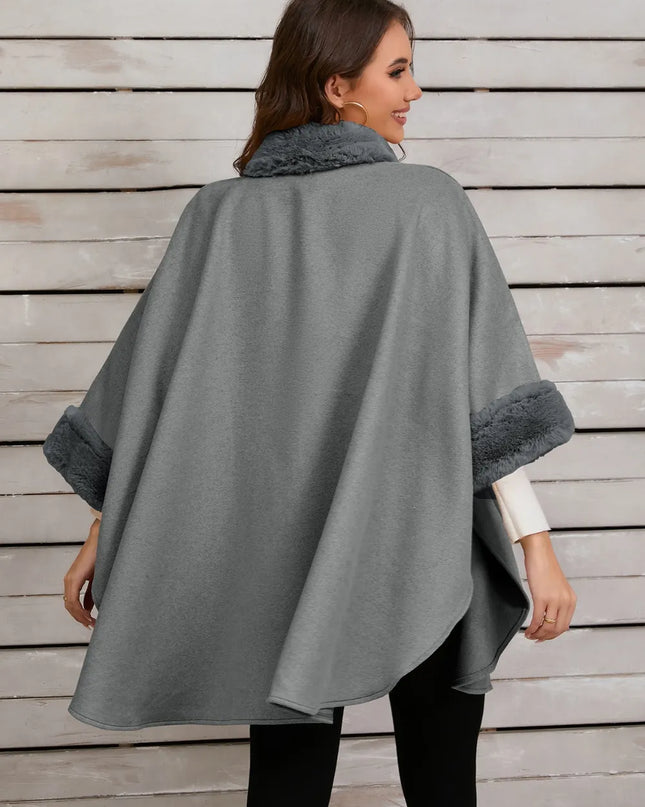 Fuzzy Trim Long Sleeve Poncho