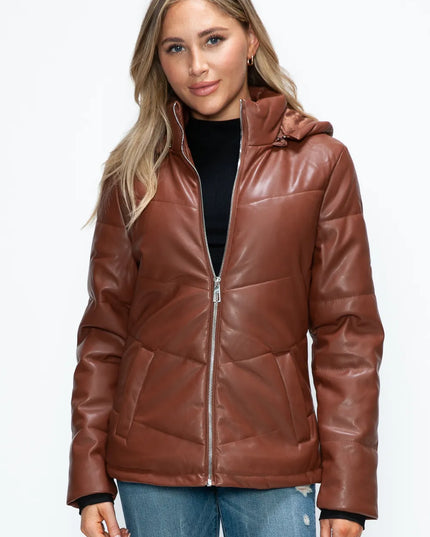 How Dare U Pocketed Zip Up Puffer Jacket with Removable Hood Brandy