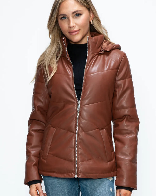 How Dare U Pocketed Zip Up Puffer Jacket with Removable Hood Brandy