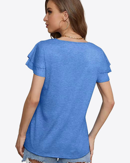 Tie-Neck Layered Flutter Sleeve Blouse