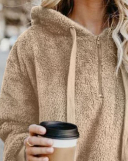 Full Size Quarter-Zip Drawstring Teddy Hoodie