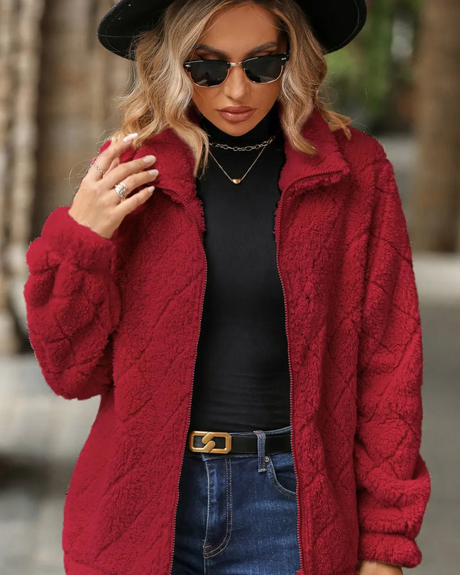 Fuzzy Pocketed Zip Up Jacket Deep Red