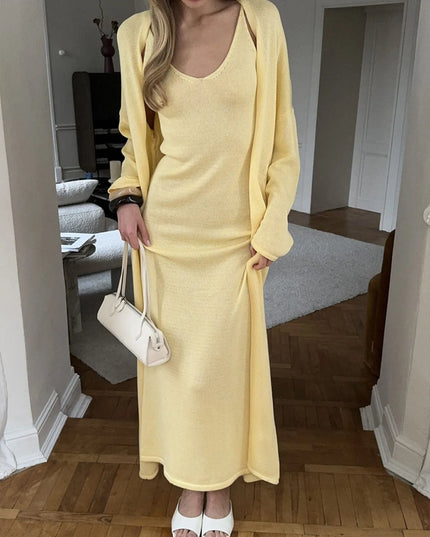 V-Neck Knit Dress and Cardigan Sweater Set Pastel Yellow