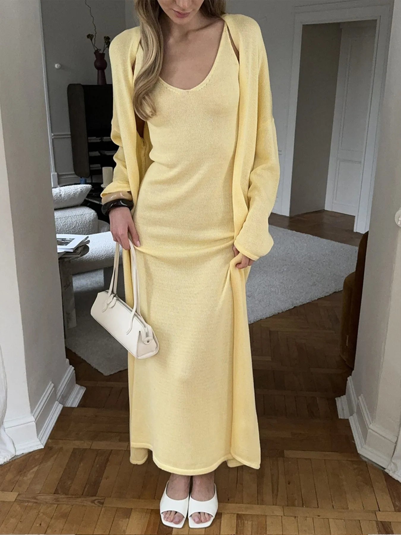 V-Neck Knit Dress and Cardigan Sweater Set Pastel Yellow