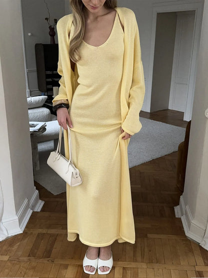 V-Neck Knit Dress and Cardigan Sweater Set Pastel Yellow