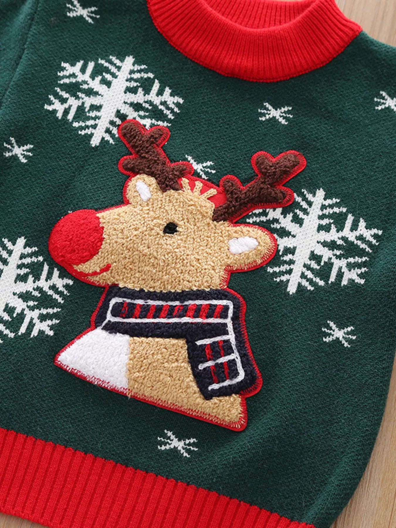Children's Christmas Reindeer Snowflake Knitted Sweater Christmas Green