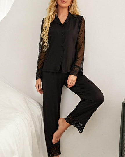 Spliced Lace Lapel Collar Pajama Set Black