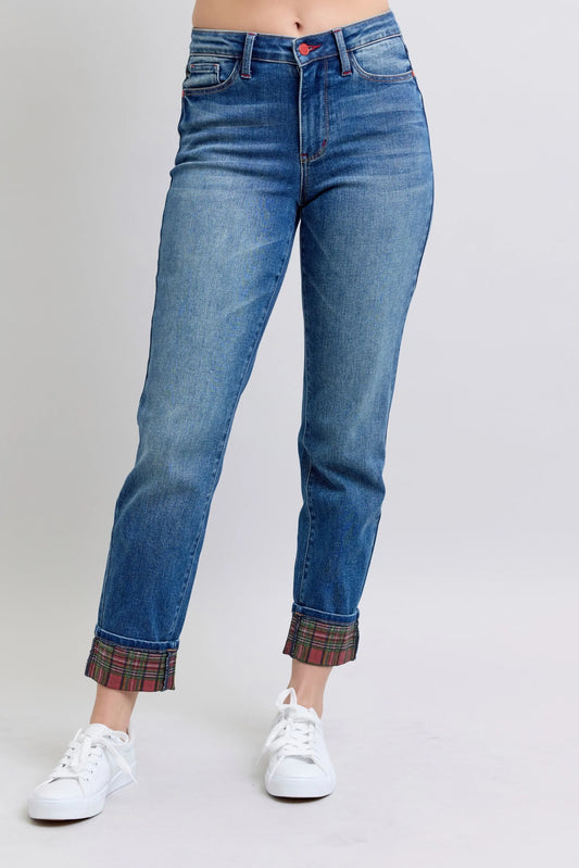 Judy Blue Full Size Mr Plaid Print Cuff Bf Jeans Plus Size Medium