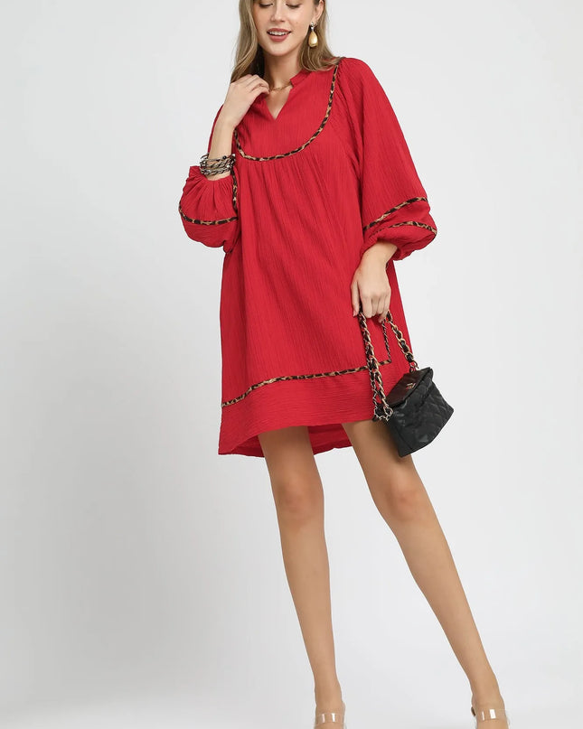 Umgee Textured Babydoll Dress with Leopard Trim