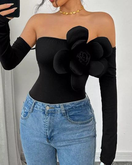 Flower Off-Shoulder Long Sleeve Bodysuit