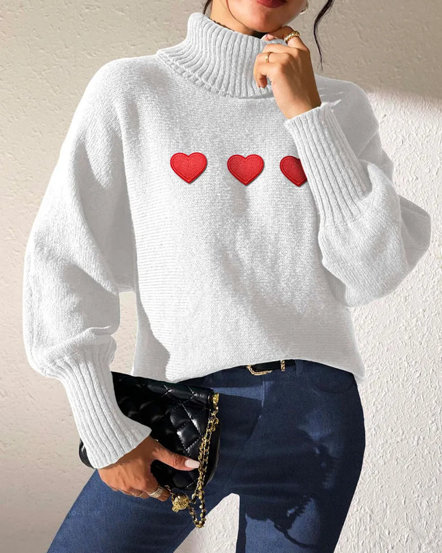 Heart Turtleneck Long Sleeve Sweater White