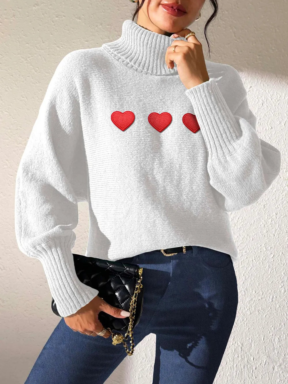 Heart Turtleneck Long Sleeve Sweater White