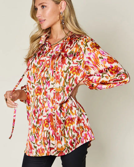 Double Take Full Size Printed Button Up Long Sleeve Shirt