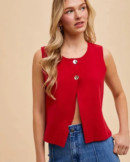 Annie Wear Metal Button Detail Crop Sweater Vest RED
