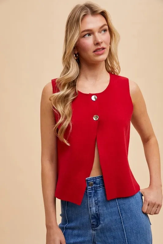 Annie Wear Metal Button Detail Crop Sweater Vest RED