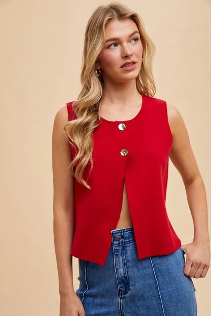 Annie Wear Metal Button Detail Crop Sweater Vest RED
