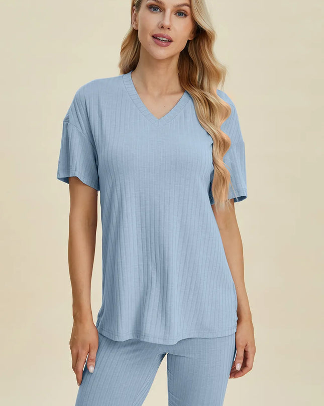Basic Bae Full Size Ribbed V-Neck Short Sleeve Top and Shorts Set Light Blue