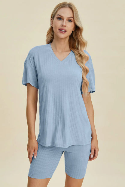 Basic Bae Full Size Ribbed V-Neck Short Sleeve Top and Shorts Set Light Blue