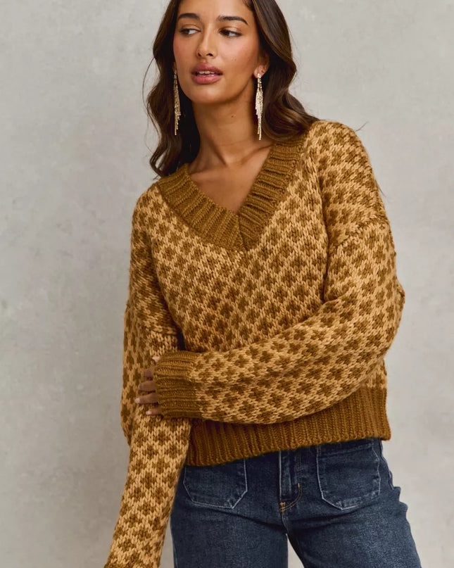 SO ME Color Block Textured Christmas Sweater V Neck Top