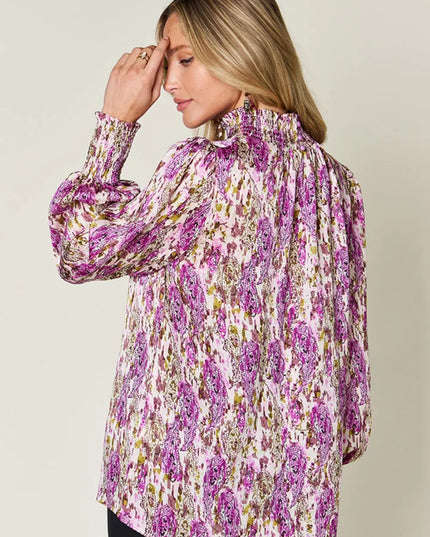 Double Take Full Size Printed Smocked Long Sleeve Blouse
