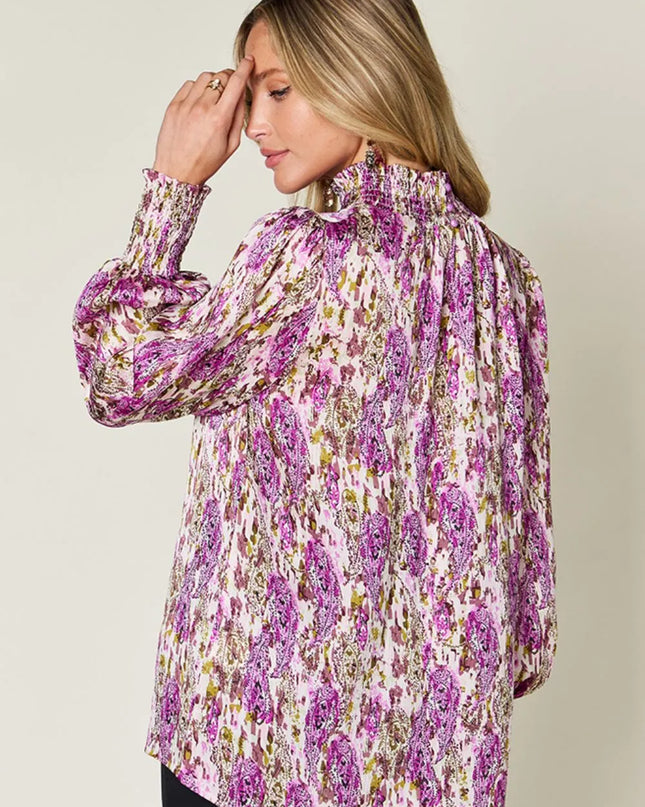Double Take Full Size Printed Smocked Long Sleeve Blouse